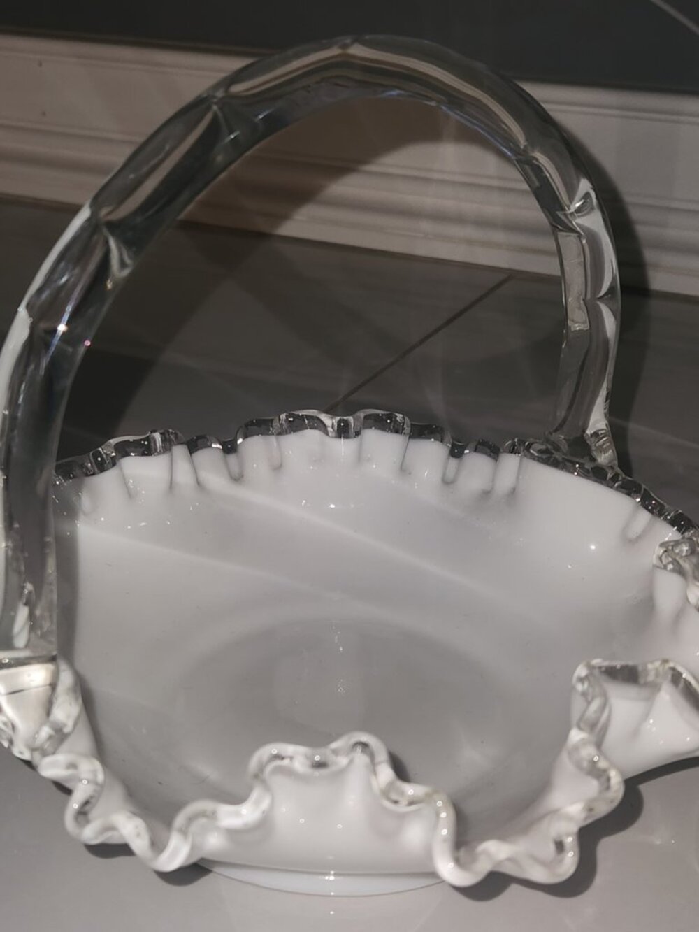 Fenton Silver Crest Milk Glass Basket with Ruffled Edge and Clear Handle